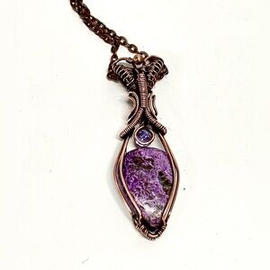 HAND CRAFTED Stichtite CZ and Copper Wire Wrapped Pendant Necklace, Handmade